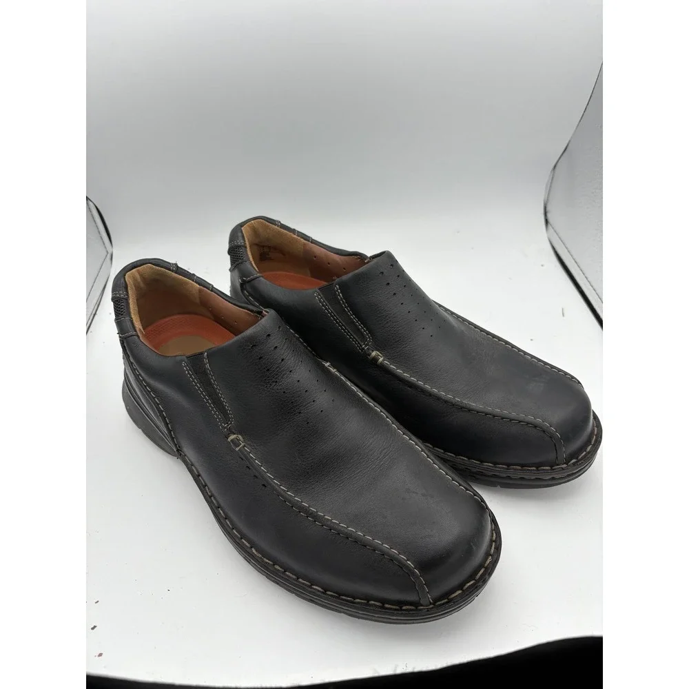 Clarks Unstructured Shoes Mens Size 10 Black Leather Slip On Loafers Casual